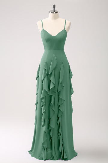 Vestido de dama de honor con tirantes de espagueti azul oscuro de línea A con volantes